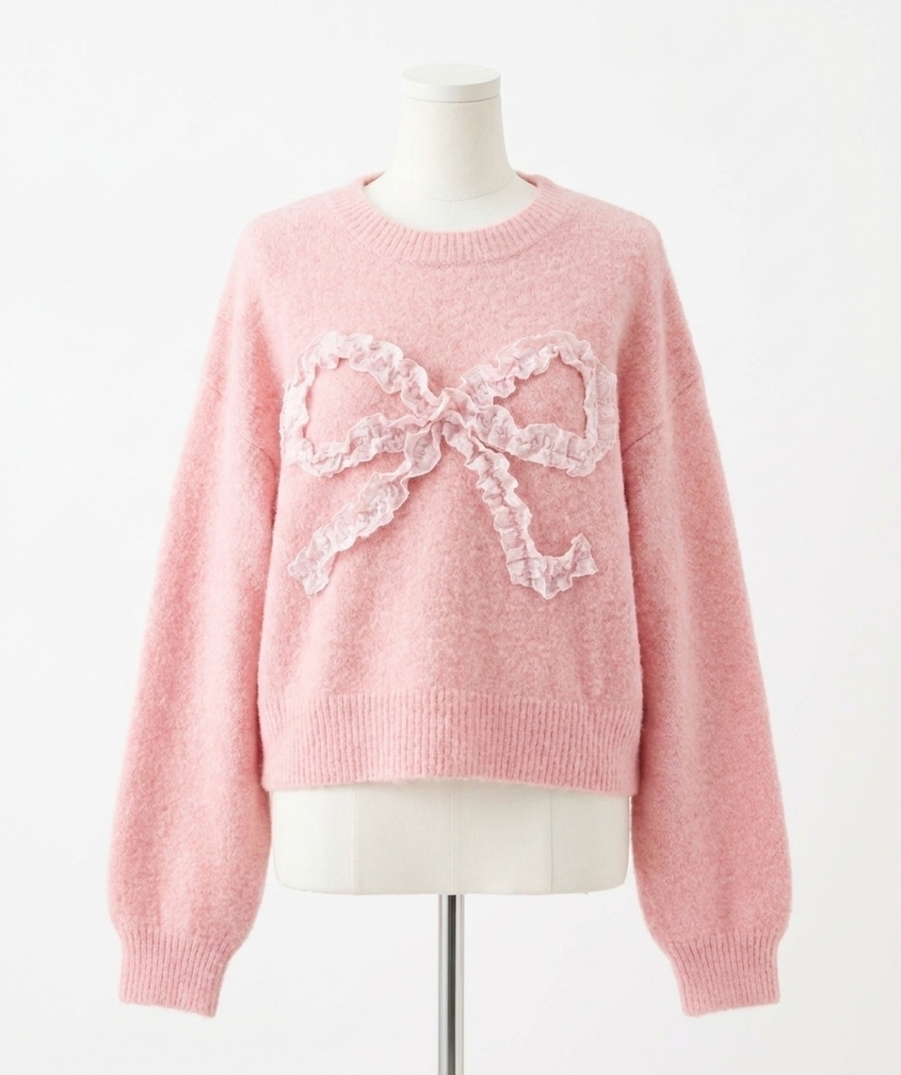 NEW WISHLIST plaid bow brushed sweater in pink